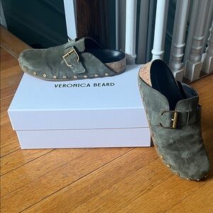 Veronica Beard Olive Suede Mules with Gold Buckle